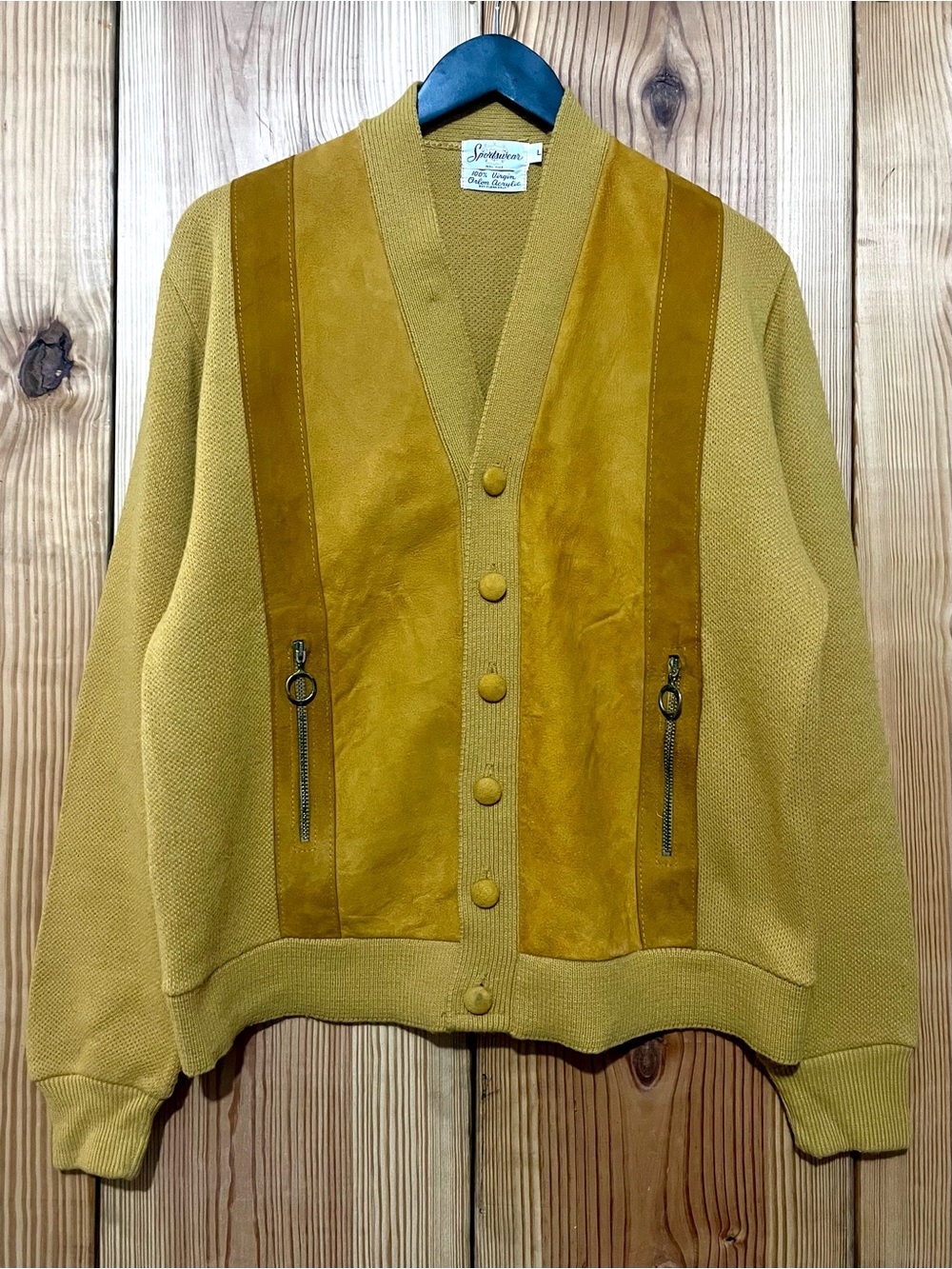 Vintage 70s Sportswear Mustard Knit Suede Cardigan Jacket L Talon Zipper
